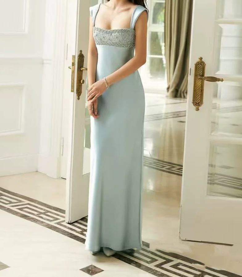 Charming Spaghetti Strap Prom Dress Beading Satin Sheath Evening Dress C9457