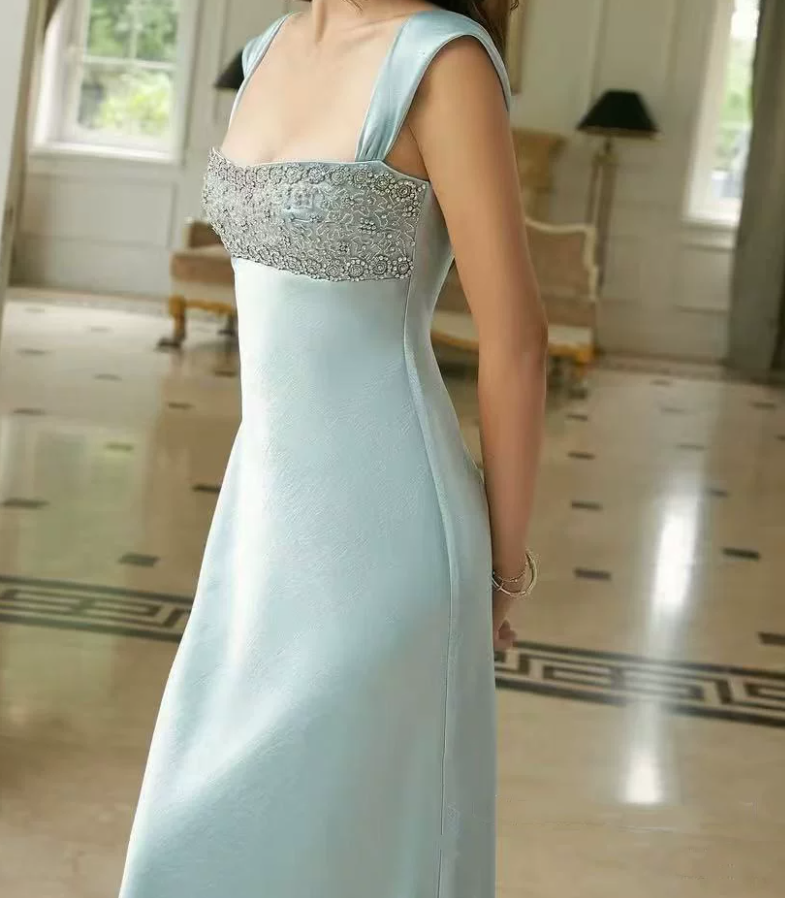 Charming Spaghetti Strap Prom Dress Beading Satin Sheath Evening Dress C9457