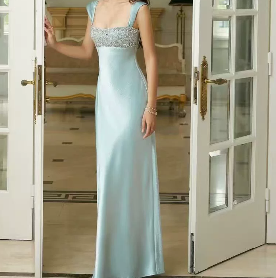 Charming Spaghetti Strap Prom Dress Beading Satin Sheath Evening Dress C9457