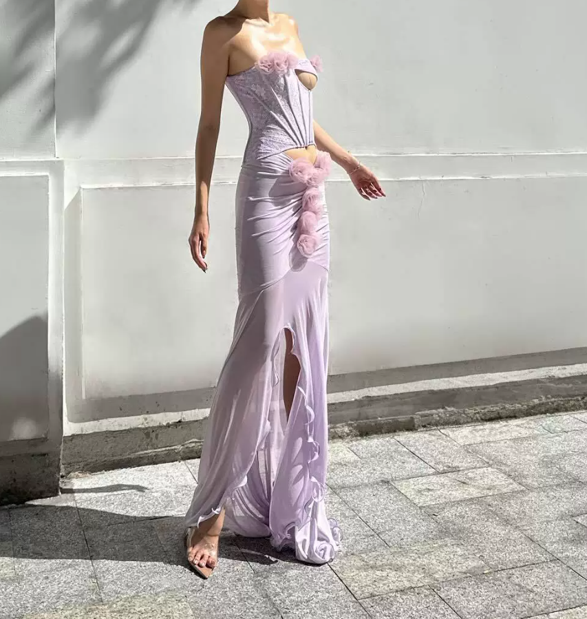 Elegant Strapless Purple Slit Prom Dress Cutout Floral Mermaid Evening Dress C9458