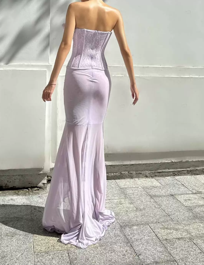 Elegant Strapless Purple Slit Prom Dress Cutout Floral Mermaid Evening Dress C9458