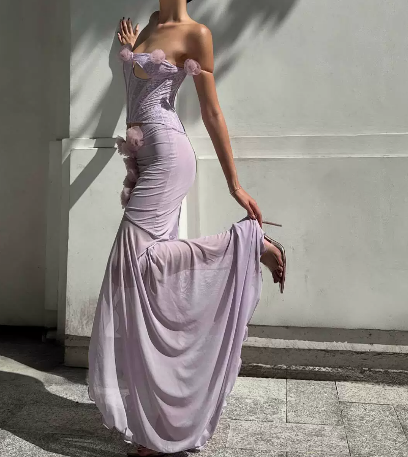 Elegant Strapless Purple Slit Prom Dress Cutout Floral Mermaid Evening Dress C9458