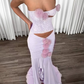Elegant Strapless Purple Slit Prom Dress Cutout Floral Mermaid Evening Dress C9458
