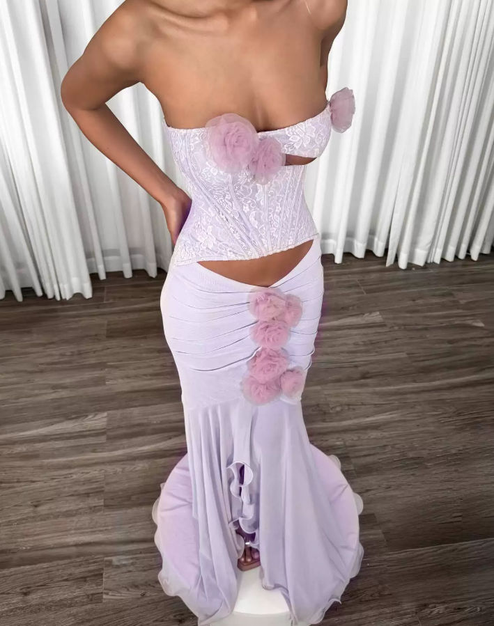Elegant Strapless Purple Slit Prom Dress Cutout Floral Mermaid Evening Dress C9458