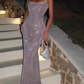 Classical Spaghetti Strap Silver Prom Dress Sequins Mermaid Evening Dress C9459