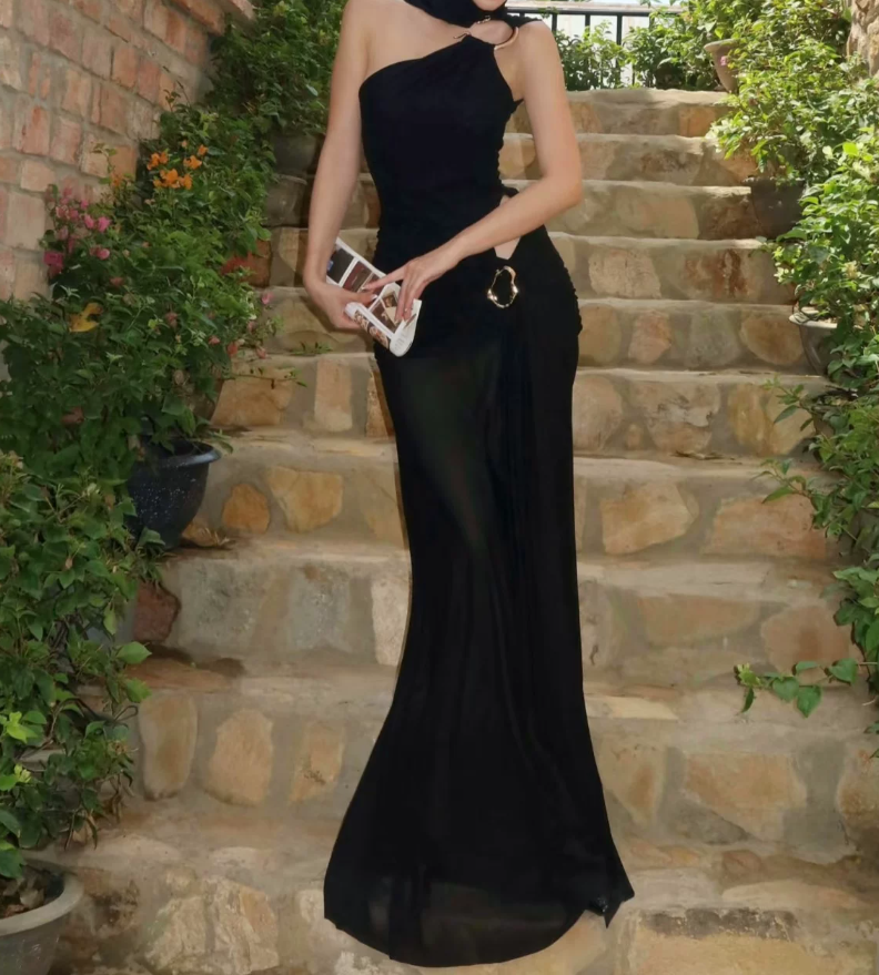 Attractive One Shoulder Prom Dress Black Cutout Mermaid Evening Dress C9460