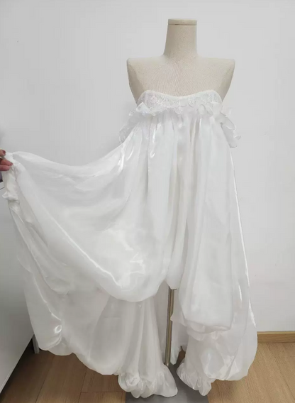 Playful Off-Shoulder Ruffles Prom Dress Lace Satin A-Line Evening Dress C9461
