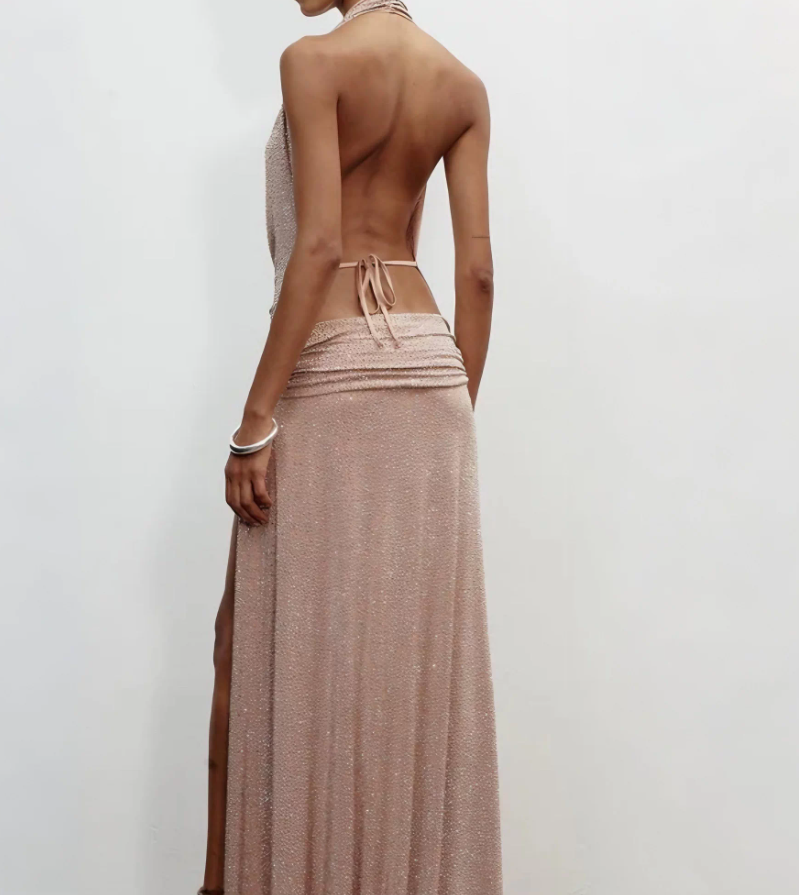 Glittering Halter Neck Slit Prom Dress Sequins Draped A-Line Evening Dress C9462