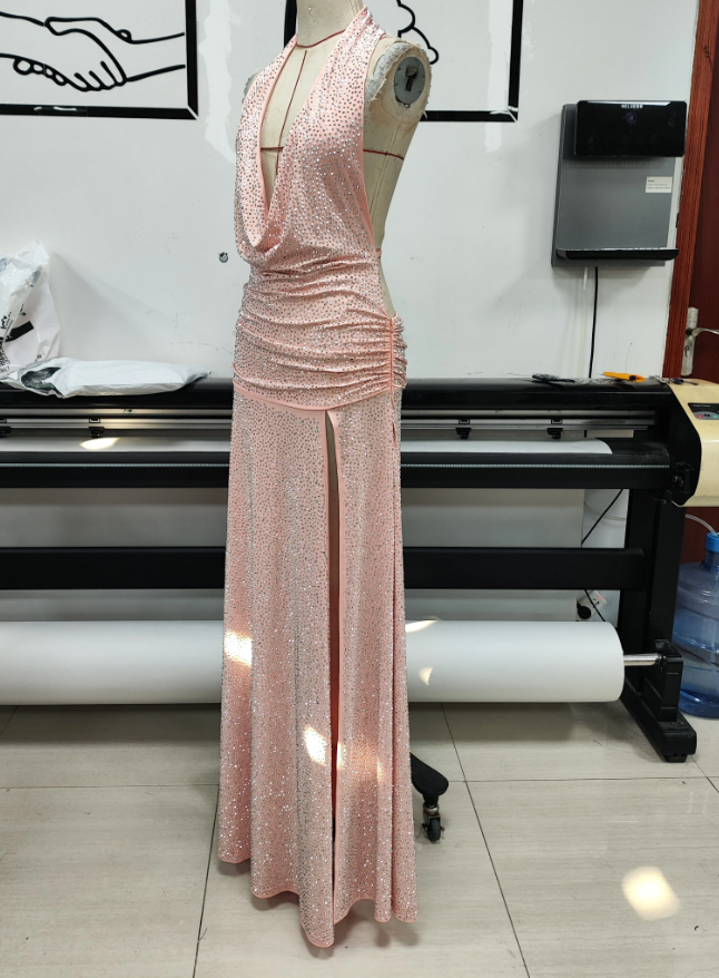 Glittering Halter Neck Slit Prom Dress Sequins Draped A-Line Evening Dress C9462