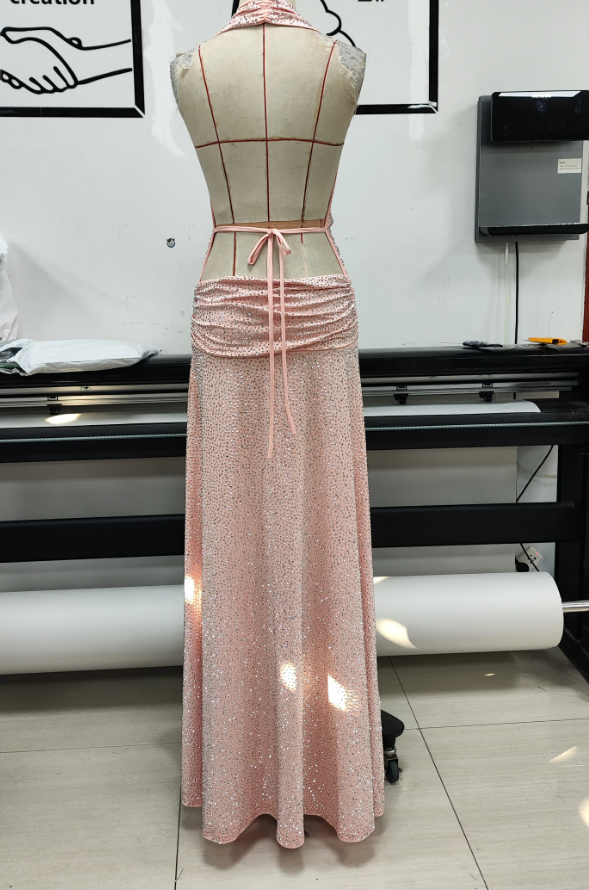Glittering Halter Neck Slit Prom Dress Sequins Draped A-Line Evening Dress C9462