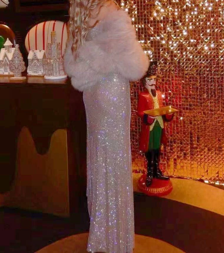 Sparkling Asymmetrical Collar Prom Dress Long Sleeve Sequins Mermaid Evening Dress C9463