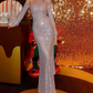 Sparkling Asymmetrical Collar Prom Dress Long Sleeve Sequins Mermaid Evening Dress C9463