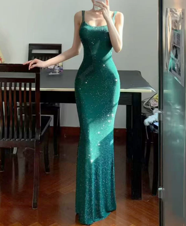 Gorgeous Spaghetti Strap Prom Dress Sequins Mermaid Evening Dress C9464