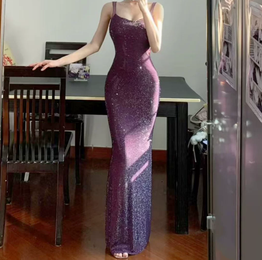 Gorgeous Spaghetti Strap Prom Dress Sequins Mermaid Evening Dress C9464
