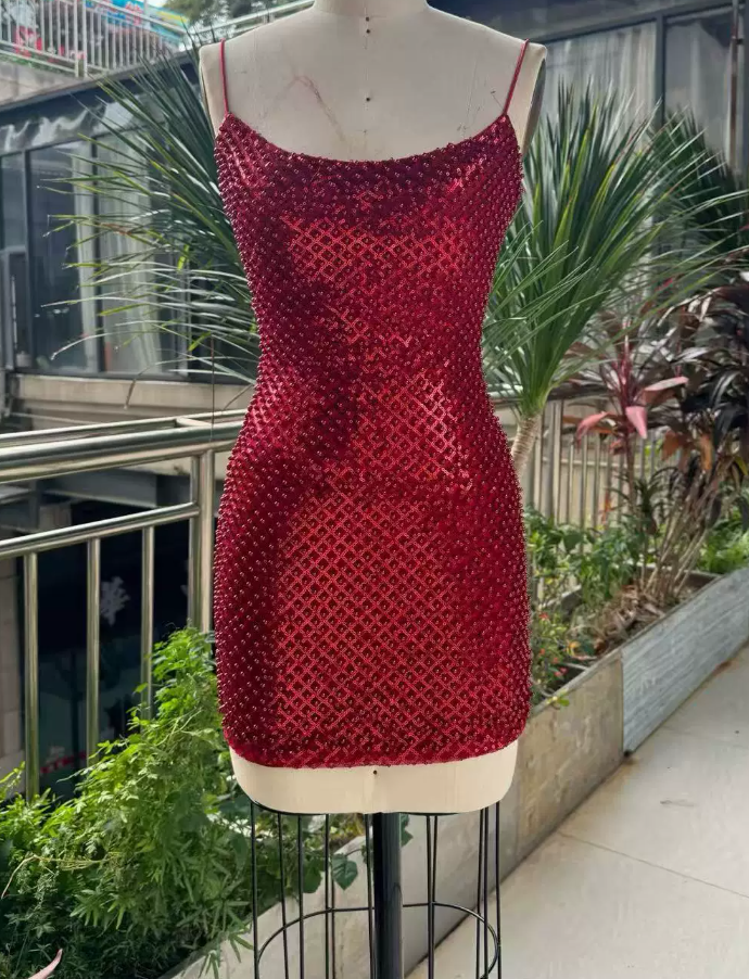 Chic Spaghetti Straps Homecoming Dress Sequins Beads Sheath Party Dress C9466