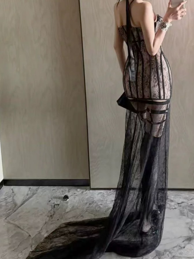 Fascinating Strapless Prom Dress Black Lace Mermaid Evening Dress C9467