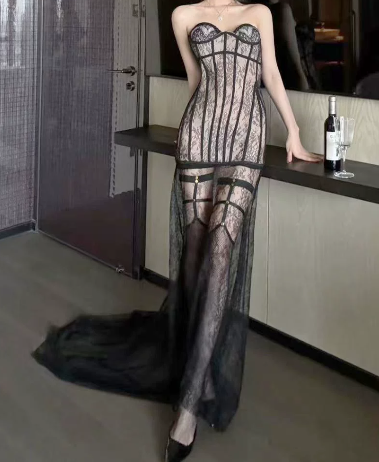 Fascinating Strapless Prom Dress Black Lace Mermaid Evening Dress C9467