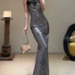 Glittering Halter Neck Gray Prom Dress Sequins Mermaid Evening Dress C9468