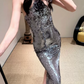 Glittering Halter Neck Gray Prom Dress Sequins Mermaid Evening Dress C9468