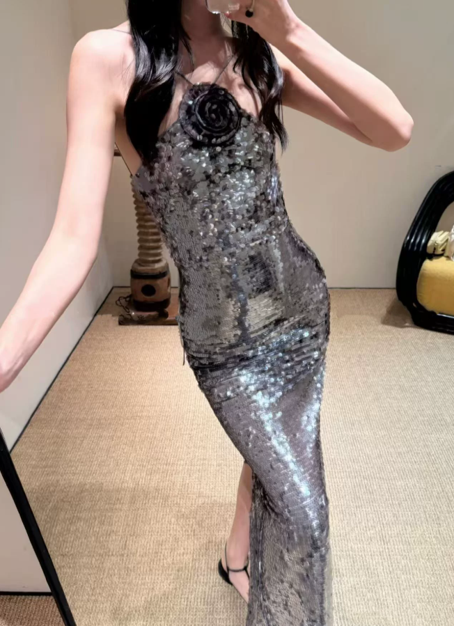Glittering Halter Neck Gray Prom Dress Sequins Mermaid Evening Dress C9468