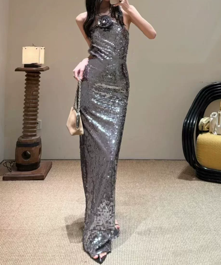 Glittering Halter Neck Gray Prom Dress Sequins Mermaid Evening Dress C9468