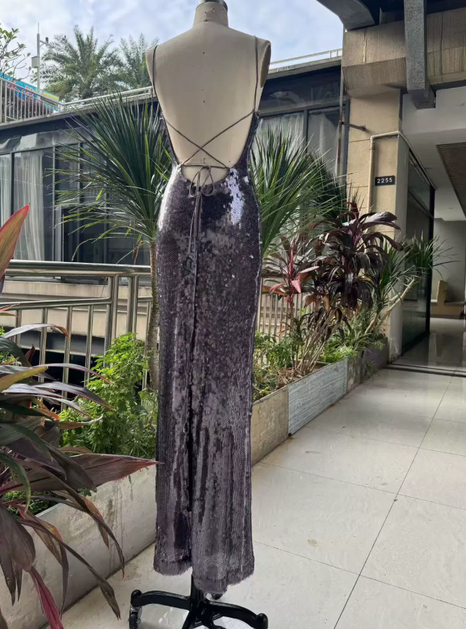Glittering Halter Neck Gray Prom Dress Sequins Mermaid Evening Dress C9468