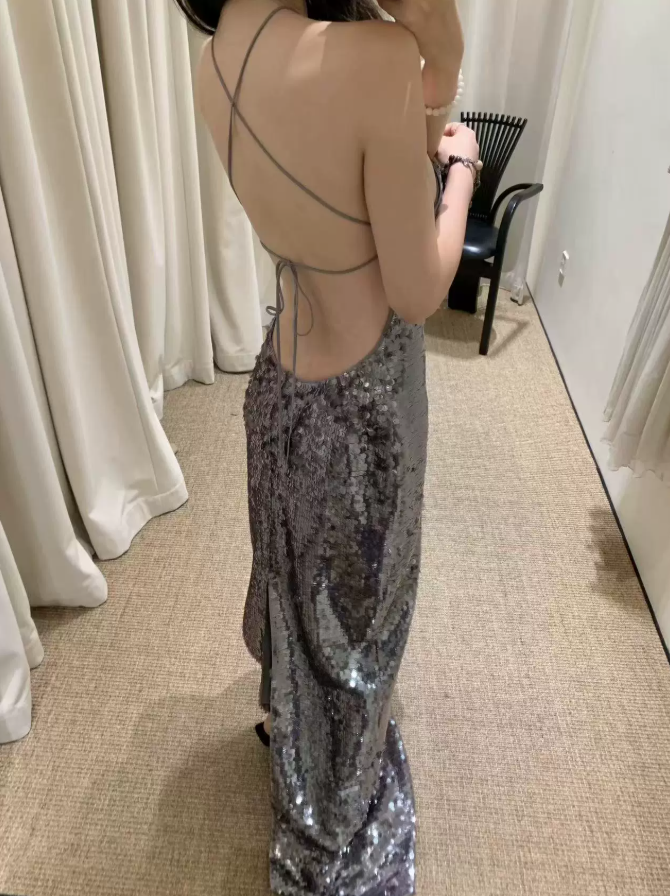 Glittering Halter Neck Gray Prom Dress Sequins Mermaid Evening Dress C9468