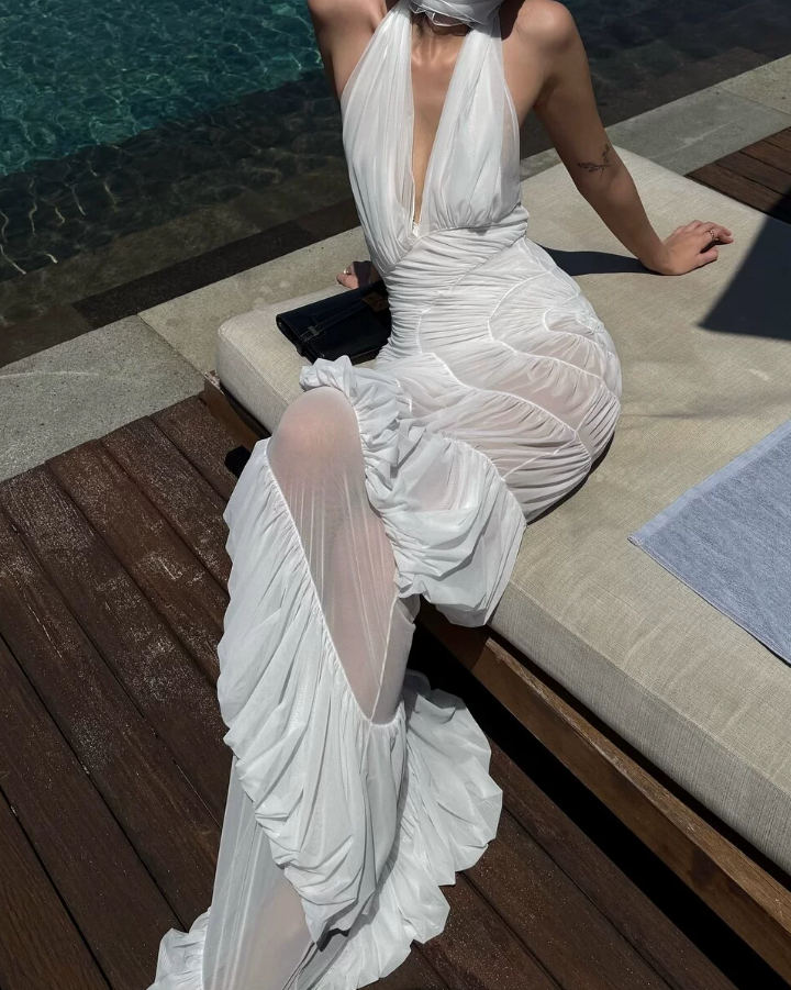 Graceful Halter Neck White Prom Dress Tiered Mermaid Evening Dress C9471