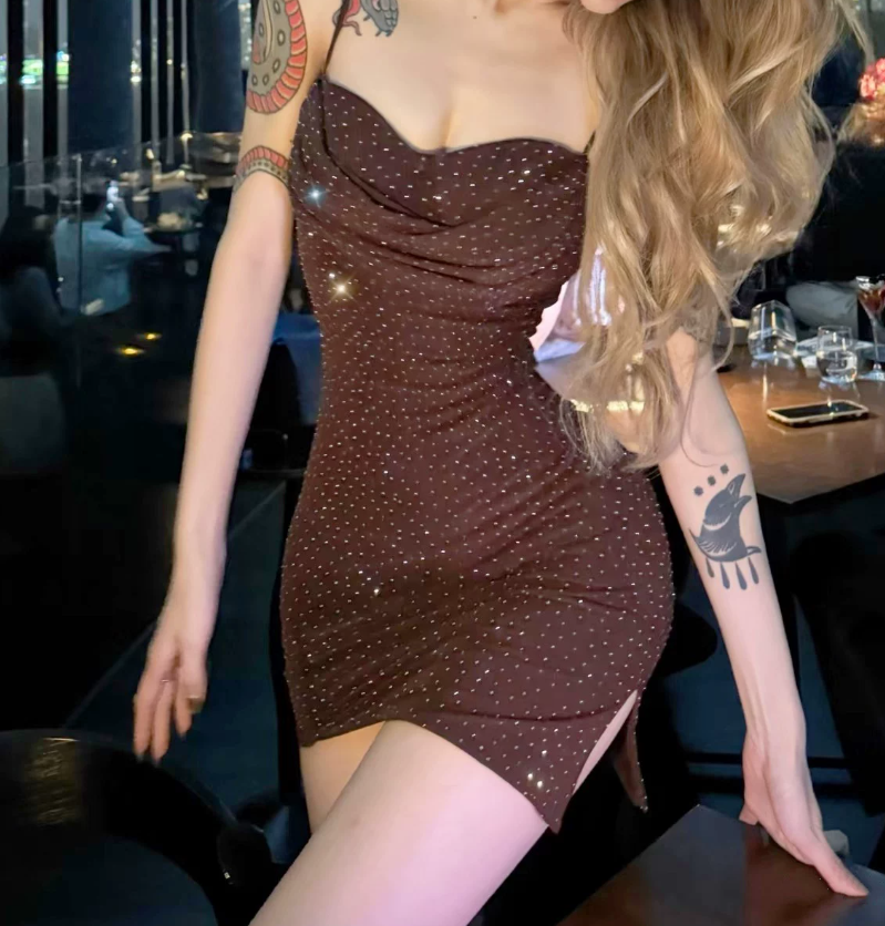 Sexy Spaghetti Straps Homecoming Dress Sequins Slit Sheath Party Dress C9472