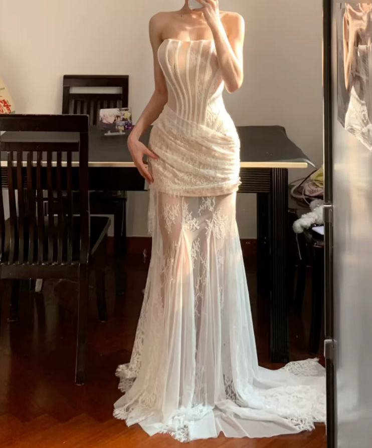 Elegant Strapless Wedding Dresses Lace Mermaid Bridal Dress C9475