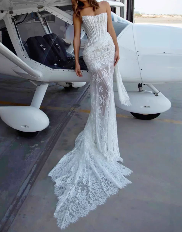 Elegant Strapless Wedding Dresses Lace Mermaid Bridal Dress C9475