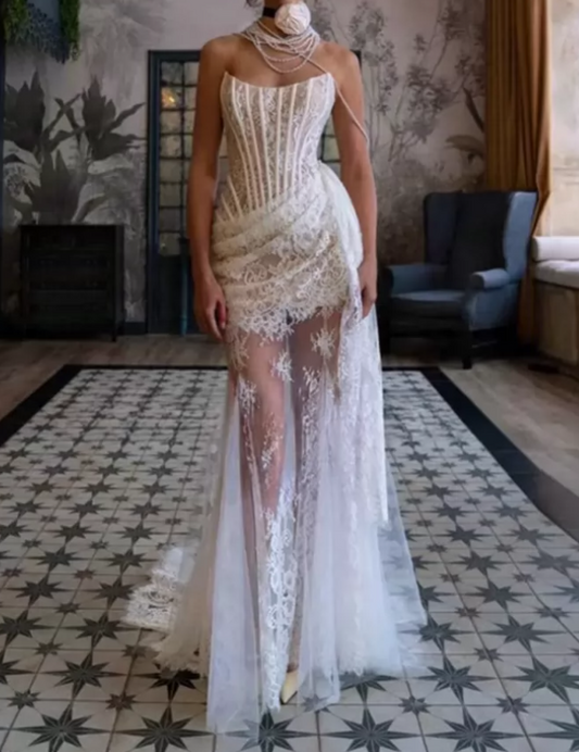 Elegant Strapless Wedding Dresses Lace Mermaid Bridal Dress C9475
