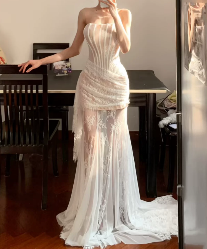 Elegant Strapless Wedding Dresses Lace Mermaid Bridal Dress C9475