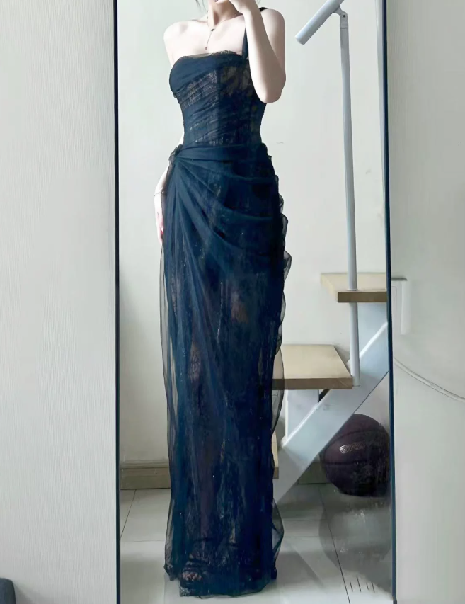Playful One Shoulder Prom Dress Lace Tulle Sheath Evening Dress C9476