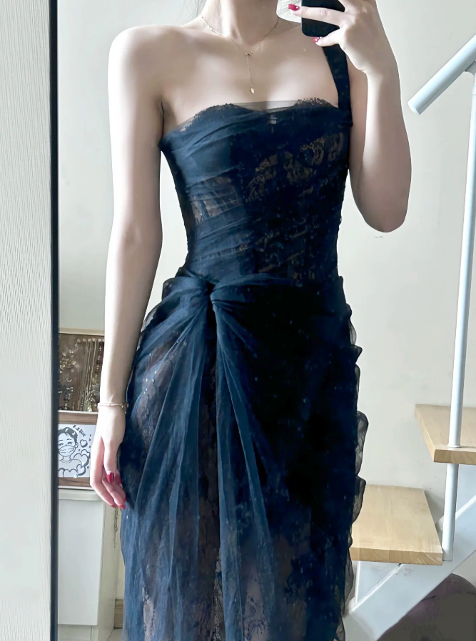 Playful One Shoulder Prom Dress Lace Tulle Sheath Evening Dress C9476