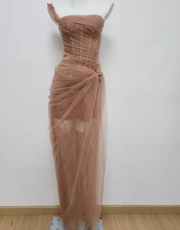 Playful One Shoulder Prom Dress Lace Tulle Sheath Evening Dress C9476