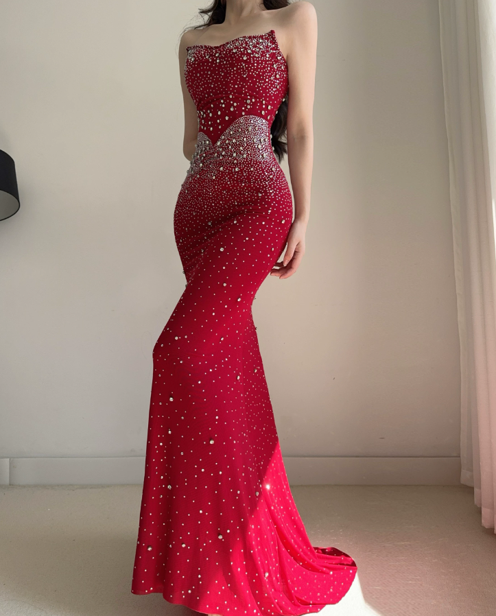 Attractive Strapless Prom Dress Crystals Mermaid Evening Dress C9478