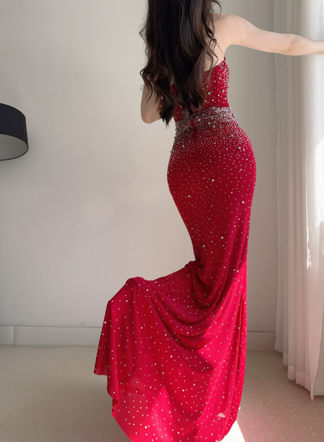 Attractive Strapless Prom Dress Crystals Mermaid Evening Dress C9478