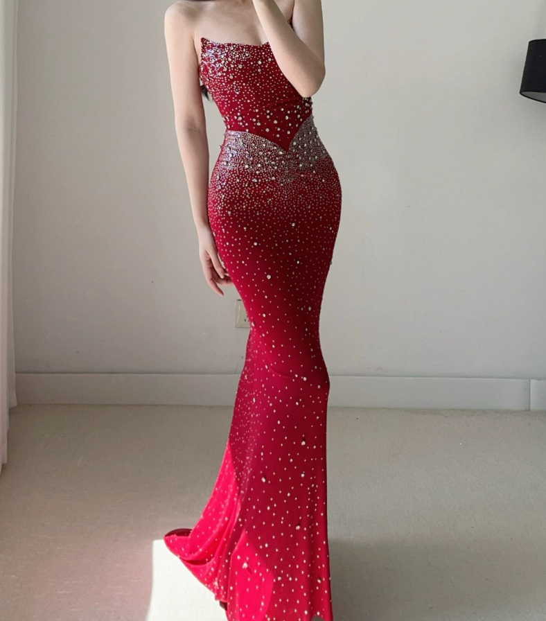 Attractive Strapless Prom Dress Crystals Mermaid Evening Dress C9478