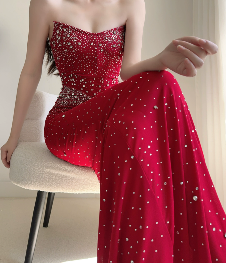 Attractive Strapless Prom Dress Crystals Mermaid Evening Dress C9478