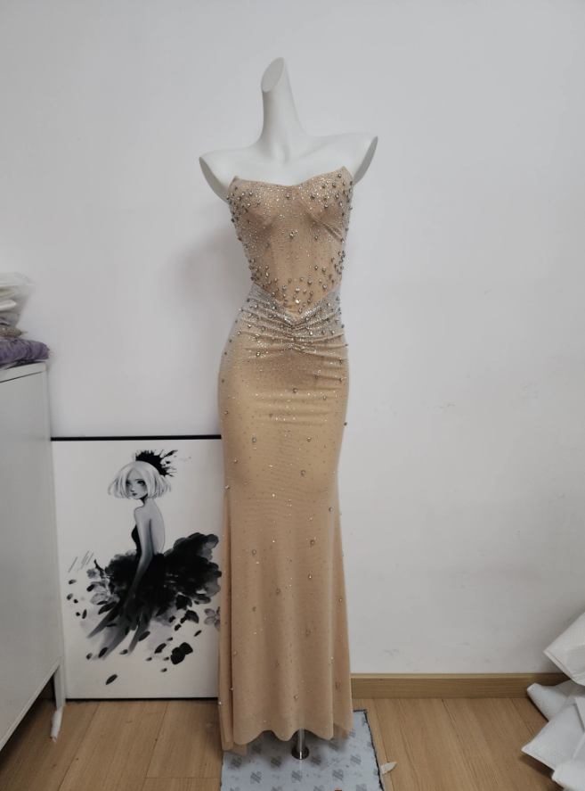 Attractive Strapless Prom Dress Crystals Mermaid Evening Dress C9478