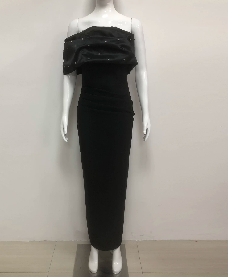 Retro Off-Shoulder Prom Dress Black Beads Sheath Evening Dress C9479