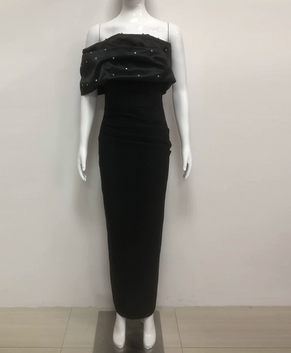 Retro Off-Shoulder Prom Dress Black Beads Sheath Evening Dress C9479