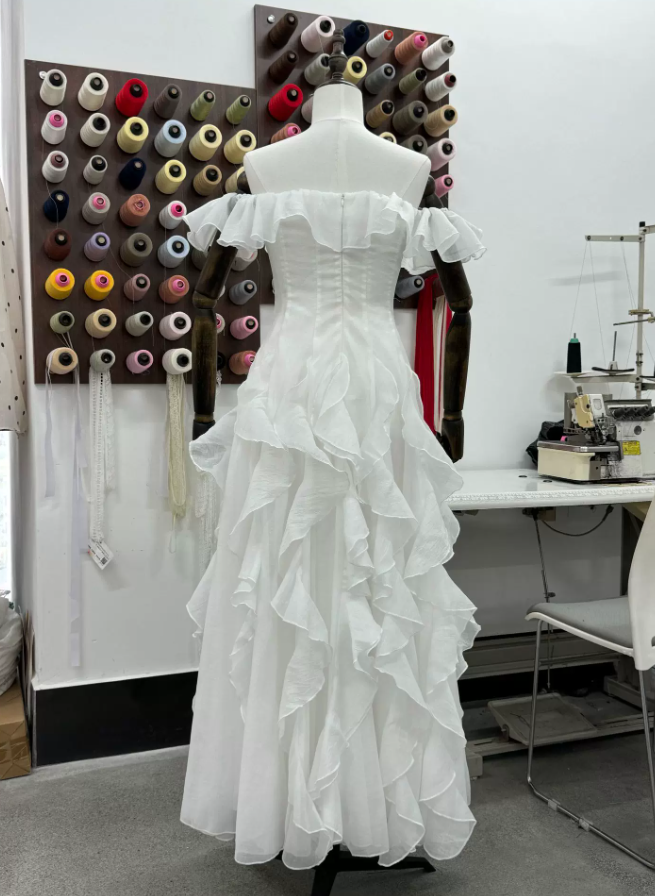 Elegant Off-Shoulder White Prom Dress Ruffles A-Line Evening Dress C9481