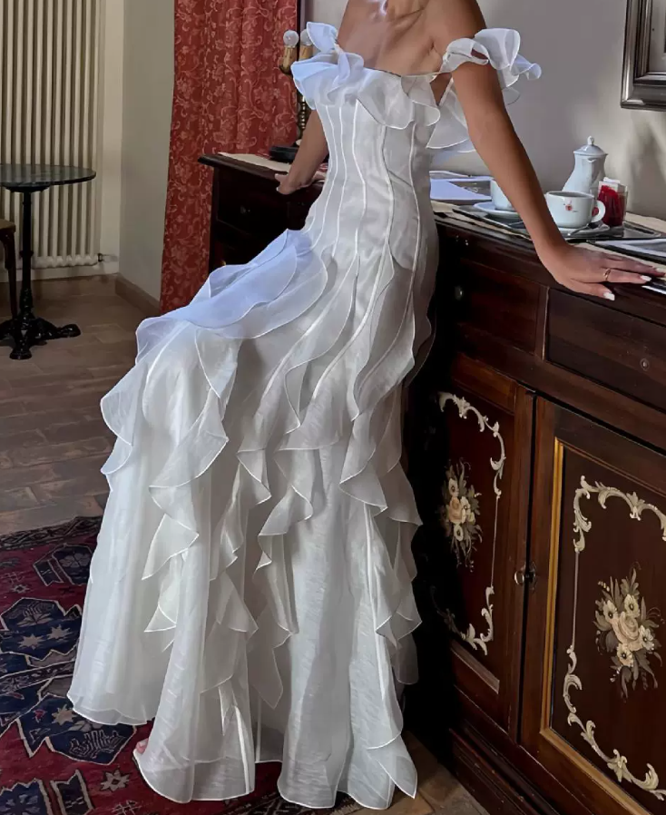 Elegant Off-Shoulder White Prom Dress Ruffles A-Line Evening Dress C9481