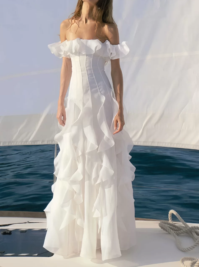 Elegant Off-Shoulder White Prom Dress Ruffles A-Line Evening Dress C9481