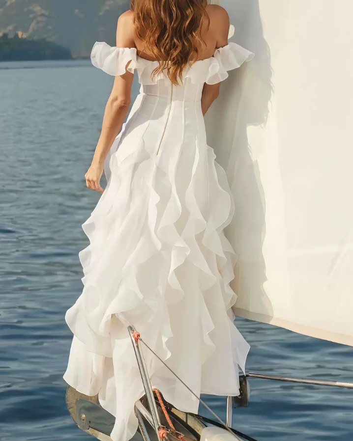 Elegant Off-Shoulder White Prom Dress Ruffles A-Line Evening Dress C9481