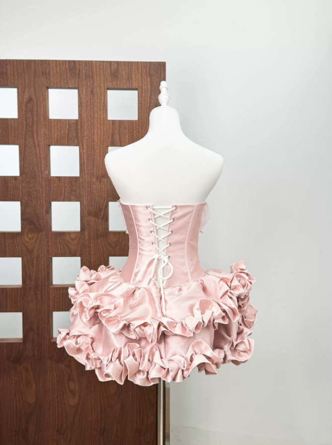 Unique Strapless Ruffles Homecoming Dress Pink Bows A-Line Party Dress C9484