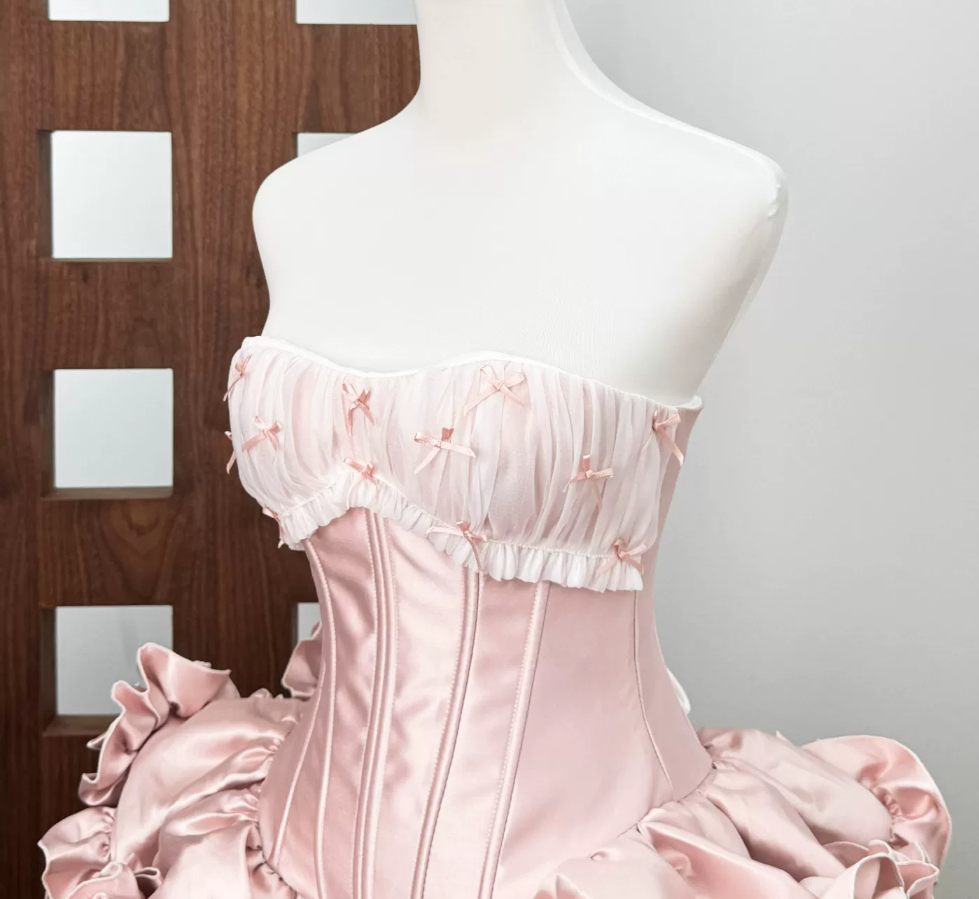 Unique Strapless Ruffles Homecoming Dress Pink Bows A-Line Party Dress C9484