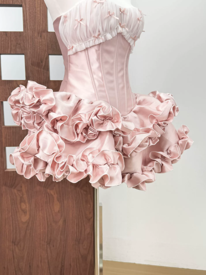 Unique Strapless Ruffles Homecoming Dress Pink Bows A-Line Party Dress C9484